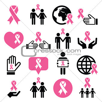 Breast cancer awareness pink ribbons icon set