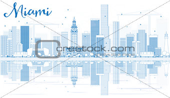 Outline Miami Skyline with Blue Buildings and Reflections.