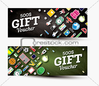 Gift voucher template with school supplies.