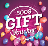 Gift Voucher on purple background with flying balloons and white