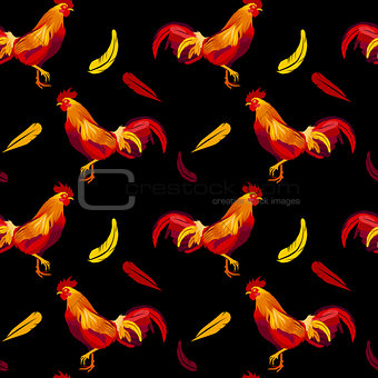 Vector image of red rooster seamless pattern