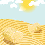 Hay bales on rural field sunny day illustration.