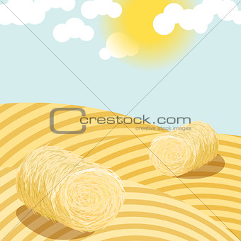 Hay bales on rural field sunny day illustration.