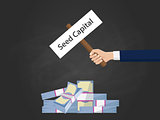 seed capital concept illustration with business man hand hold a sign paper with cash money stack