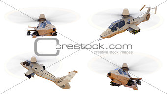 Set modern army helicopter in flight with a full complement of weapons on a white background. 3d illustration.