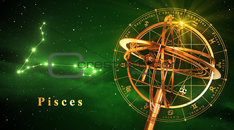 Armillary Sphere And Constellation Pisces Over Green Background