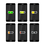 Six black smartphones with glossy batteries icons