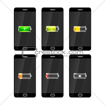 Six black smartphones with glossy batteries icons