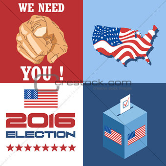 Usa 2016 election card with country map, vote box, and we need you slogan with hand