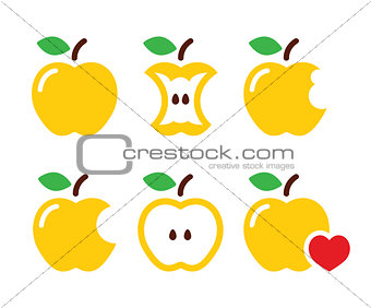 Yellow apple, apple core, bitten, half vector icons