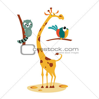Giraffe, Lemour and Bird. Vector Illustration in Flat Style