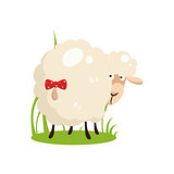 Cute White Sheep With A Bow on Tail. Flat Design Vector Illustration