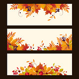 Autumn Banners with Leaves, Chestnuts and Ripe Berries, Vector Illustration