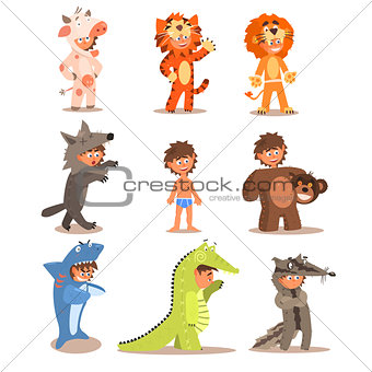 Little Boys Wearing Animal Costumes. Vector Set