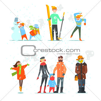People in Winter and Activities. Vector Illustration.
