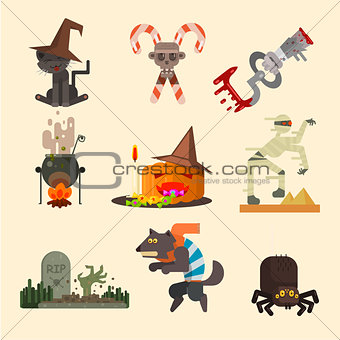Halloween Attributes, Characters Set in Flat Style, Vector Illustration