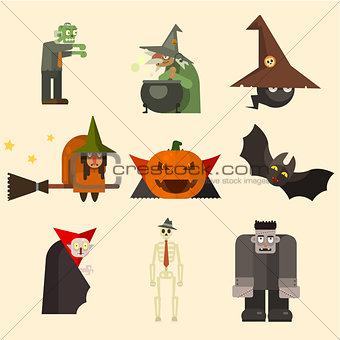Halloween Characters in Flat Style Vector Illustration
