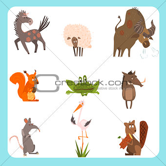 Domestic and Wild Animals Vector Illustration Set in Flat Style