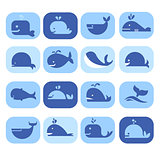 Set of Silhouettes , Dolphins, Whales in Flat Style. Vector Illustration