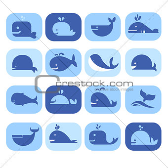 Set of Silhouettes , Dolphins, Whales in Flat Style. Vector Illustration