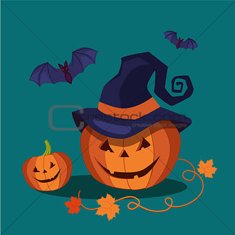 Carved Halloween Pumpkin Wearing a Pointed Witch Hat