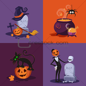 Cauldron, Pumpkin, Tomb and Cat Halloween Illustration Set