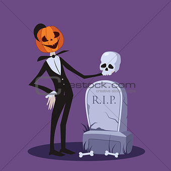 Jack o Lantern Near the Grave Halloween Illustration