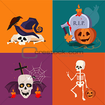 Halloween Skull and Pumpkin Vector Illustration Set