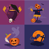 Halloween Pumpkin, Cauldron and Scarecrow Vector Illustration Set