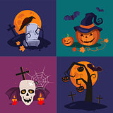 Halloween Pumpkin, Skull and Grave Vector Illustration Set