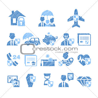Insurance Icons in Handdrawn Style. Vector Illustration Set