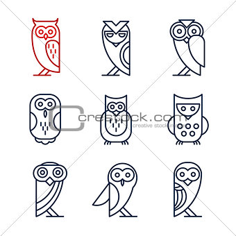Set of Owl Design Elements in Linear Style