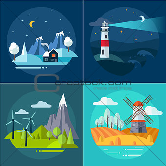 Mountains and Water Landscape Illustrations Set