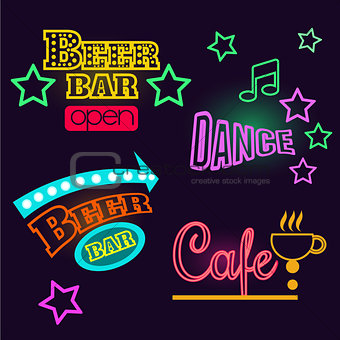 Neon Signs of Cafe, Beer and Bar. Isolated Vector Illustration
