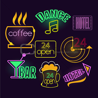 Neon Signs of Cafe, Hotel and Bar. Isolated Vector Illustration
