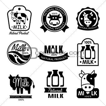 Milk and Dairy Monochrome Labels. Vector Illustration Set in Flat Style
