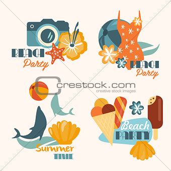 Set of Beach Party and Summer Time Vacation Vector Illustrations in Flat Style