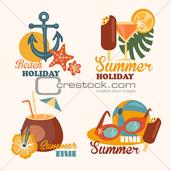 Set of Beach Holiday and Summer Elements Vector Illustrations in Flat Style