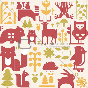 Autumn Animals and Plants in Flat Style Seamless Pattern