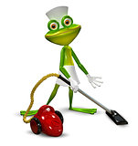 3d illustration of a frog with a maid vacuuming