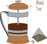 French press and tea bag vector illustration, 2d, iconic appearance.