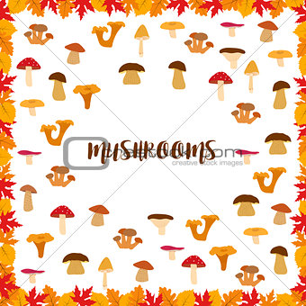 Mushrooms, autumn pattern, frame made of leaves. Vector illustration.