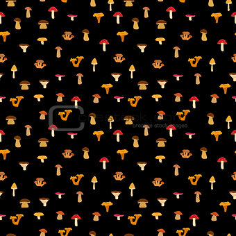 Mushrooms, seamless texture with autumn patternon a black background. Vector illustration