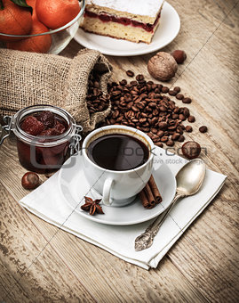 Fragrant strong coffee with sweet dessert
