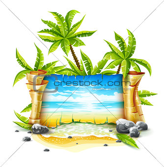 Travel banner with paper script and tropical island