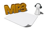 mp3 tag, blank white paper sheet and pawn with headphones - 3d rendering