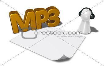 mp3 tag, blank white paper sheet and pawn with headphones - 3d rendering