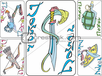 Set of playing joker cards with weapon