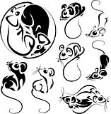 Set of black and outline cute mice