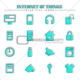 Internet of things and smart home, blue fill icons set